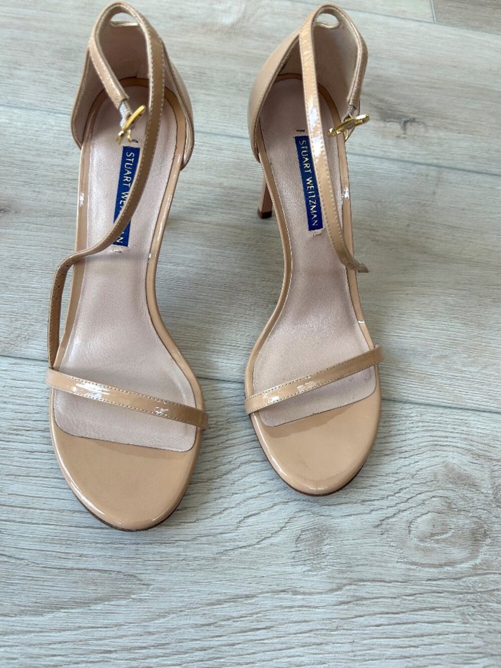 Stuart Weitzman Nude Patent Leather Ankle-Strap Heels Size 8